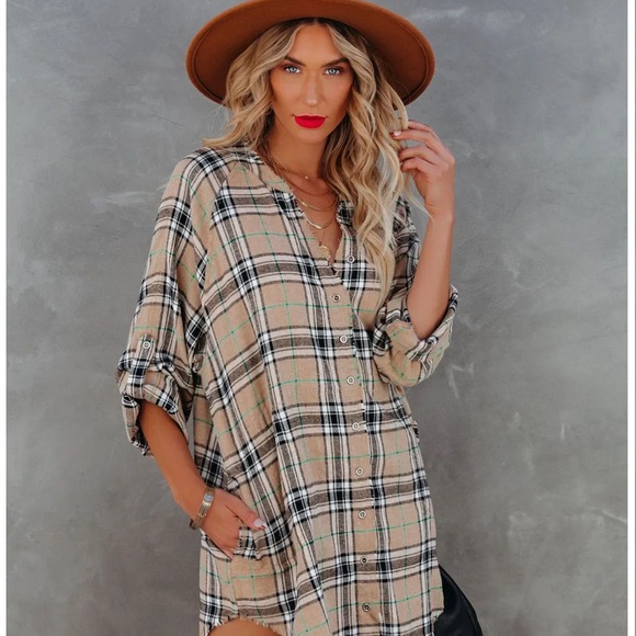 Vici- TUCKER COTTON BLEND POCKETED PLAID DRESS - Picture 2 of 7